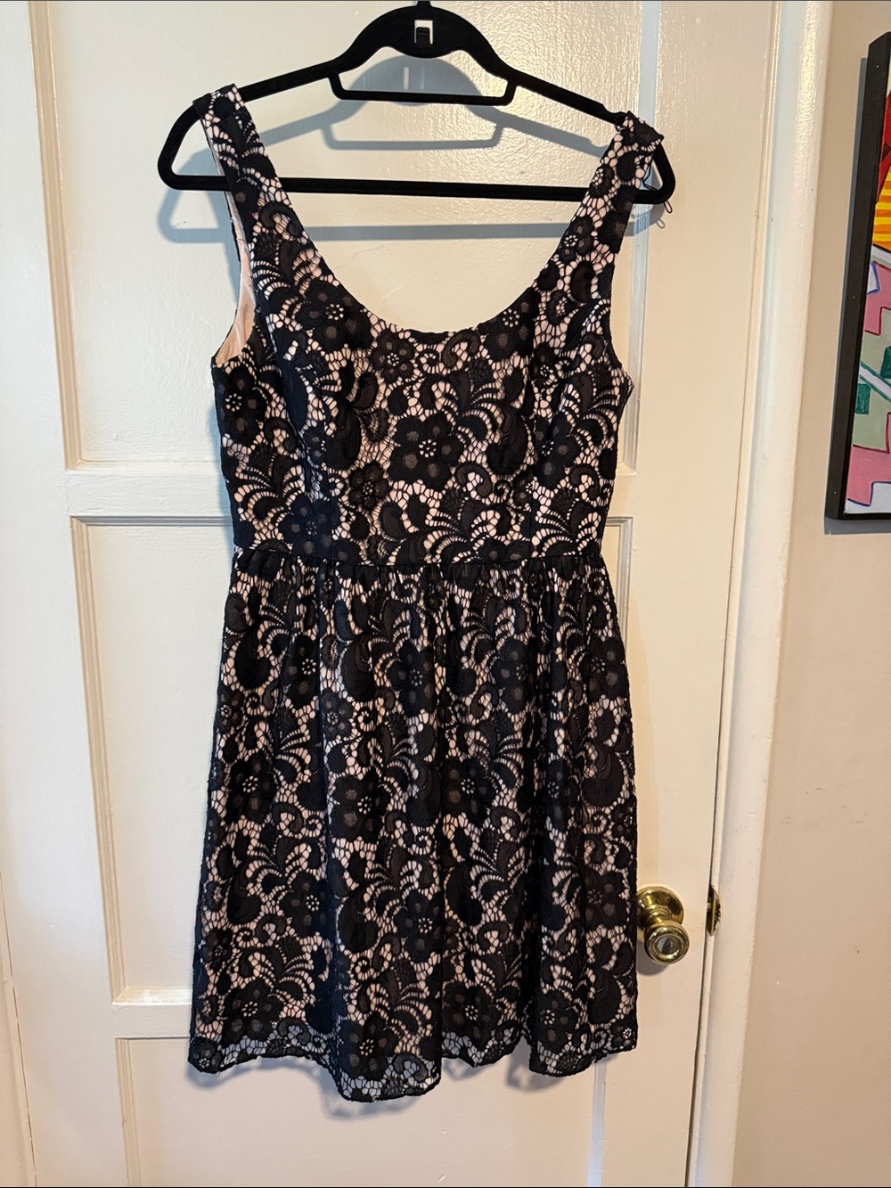 Aqua Dresses Gorgeous Black Lace Overlay Dress w/ Blush Lining Fit + Flare Scoop